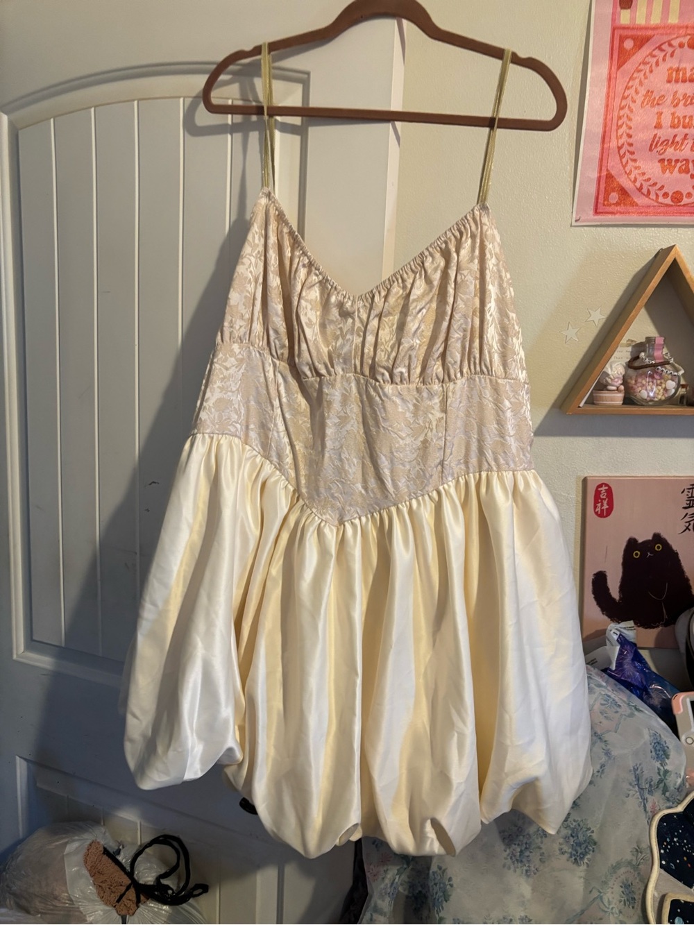 ROMWE Cream Satin Bubble Mini Dress